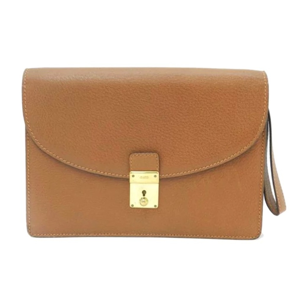 Gucci Vintage Cognac Leather Envelope Wristlet Evening Flap w/ Slide Lock